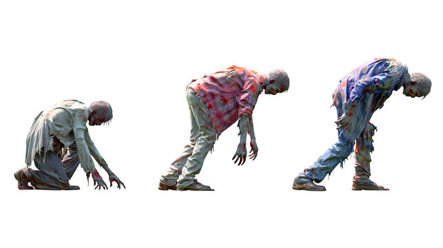 Three grotesque, bloodied zombies in torn clothing lurch forward in a terrifying, slow progression, embodying horror and decay. Pefect for Halloween Design