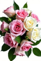 Naklejka premium Elegant bouquet of white and pink roses, isolated on white background. Perfect for wedding, anniversary, or Valentine's Day, flora, delicate, summer