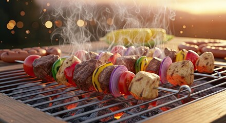 Delicious skewers grilling on a barbecue outdoors during sunset
