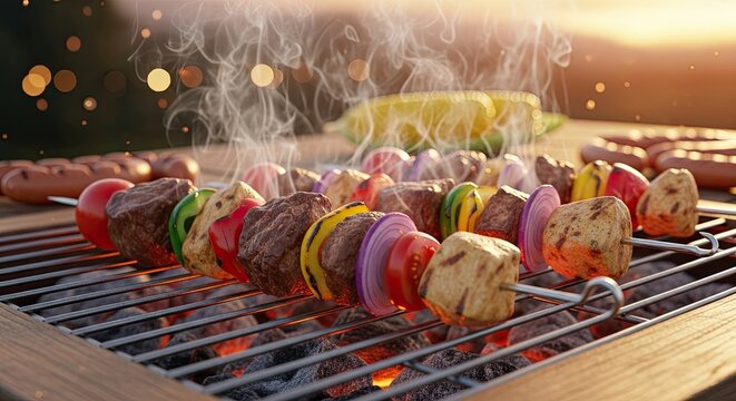 Delicious skewers grilling on a barbecue outdoors during sunset - Powered by Adobe