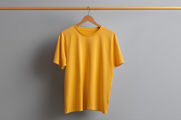 Plain yellow t-shirt hanging on wooden hanger against a gray wall