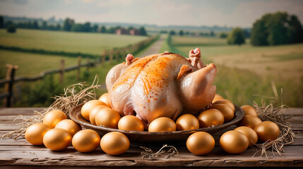 A turkey with brightly colored Easter eggs on a wooden table in a scenic rural landscape