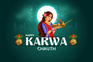 vector illustration of Indian festival background Karva Chauth celebrated by Hindu women