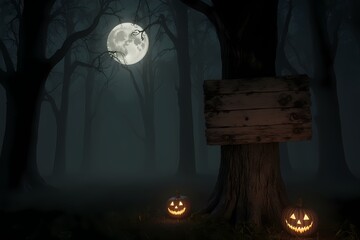 Haunted forest with glowing pumpkins and wooden sign under full moon