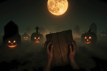 Zombie hands rising from grave holding wooden board with pumpkins at night