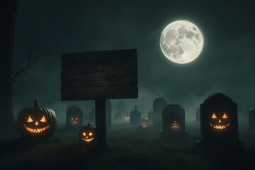 Glowing pumpkins in haunted graveyard with wooden sign and full moon