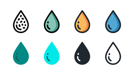 Vector art of collection of water drop icons in various colors and styles
