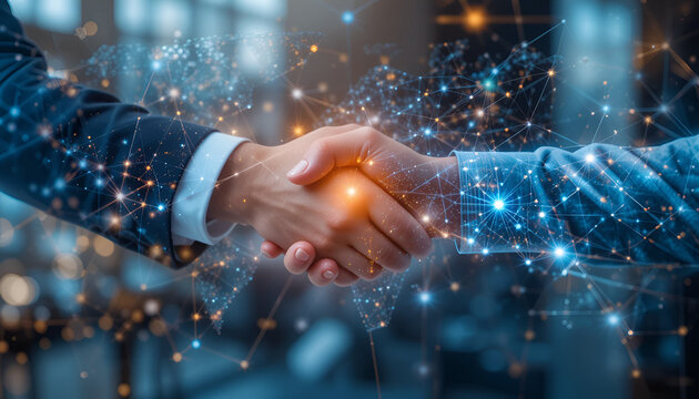 Business handshake symbolizing global partnership and interconnected digital network, representing successful collaboration and deal making