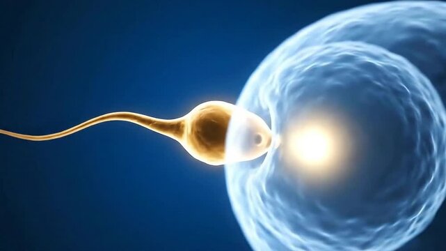 Sperm Fertilizing Ovum in a Dark Blue Background with Golden Illumination Medical Illustration of Spermatozoon Penetrating Egg Cell Science Reproduction