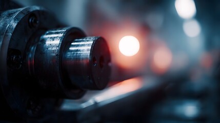 Close up of industrial hinery detailed metallic components and blurred glowing background lights