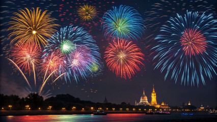 Colorful fireworks explosion on dark night sky, New Year celebration background