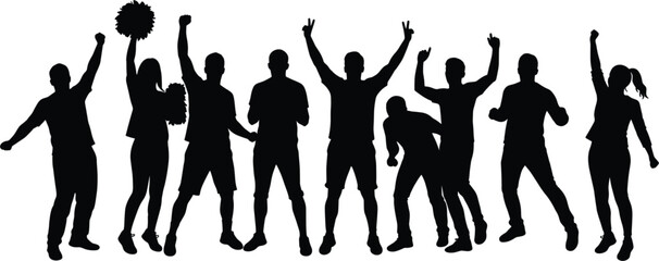 Silhouette Crowd Cheering With Hands Raised In Celebration crowd, silhouette, cheering, illustration, boys, sports, design, celebration, people, background, joy, concert, arms, crowd, unity, silhouett