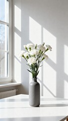 White carnations in vase by window