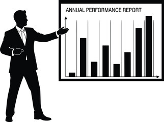 Silhouette of a businessman presenting an annual performance report, silhouette, businessman, man, male, person, suit, tie, presentation, report, chart, graph, bar chart, performance, annual, business
