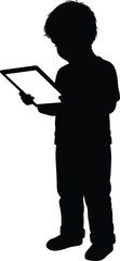 Silhouette of a child holding a tablet computer vector, child, silhouette, boy, kid, tablet, computer, holding, standing, reading, learning, technology, digital, screen, isolated, white background, yo