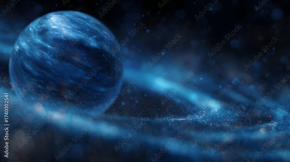 Wall mural a detailed luminous blue planet with intricate glowing cosmic rings and particles set against the va