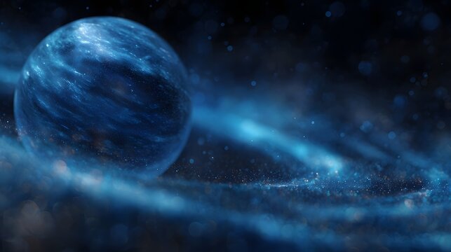 A detailed luminous blue planet with intricate glowing cosmic rings and particles set against the vast expanse of deep space