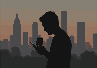 Silhouette of a man with coffee and phone against city skyline man, silhouette, coffee, illustration, solitary, design, smartphone, twilight, background, cup, miscellaneous, landscape, coffee, drink, 