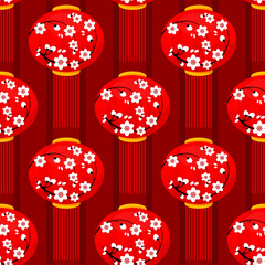 Seamless pattern of traditional Chinese lanterns with painted flowers on a red background