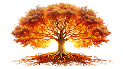 A radiant tree of fire isolated on transparent background, its branches ablaze with vibrant colors, symbolizing growth, resilience, and the enduring spirit of nature