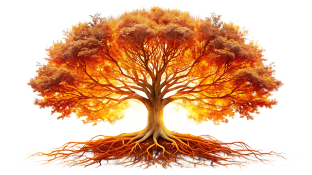 A radiant tree of fire isolated on transparent background, its branches ablaze with vibrant colors, symbolizing growth, resilience, and the enduring spirit of nature