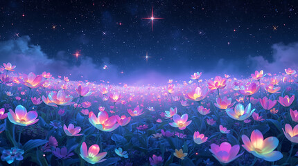 A vivid, blooming field of fantastical, glowing neon flowers under a sky full of shimmering stars.

