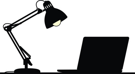 Silhouette of desk lamp and laptop on white background, silhouette, desk lamp, lamp, light, lighting, laptop, computer, technology, work, study, office, desk, table, equipment, object, illumination, p