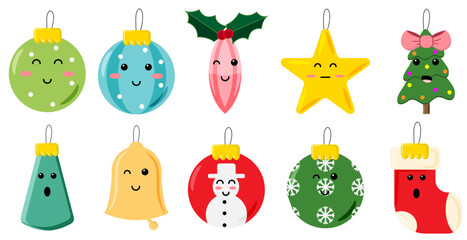 Christmas Kawaii ornaments or baubles in a pastel colour scheme and facial features, cartoon festive decorations