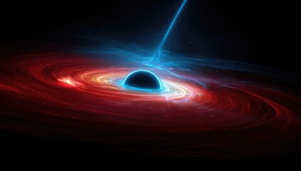 An artistic depiction of a black hole with swirling red, orange, and blue cosmic matter around it