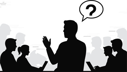 Silhouette of man asking question in meeting with speech bubble, silhouette, man, asking, question, meeting, discussion, group, people, audience, speech bubble, thought bubble, confusion, idea, brains