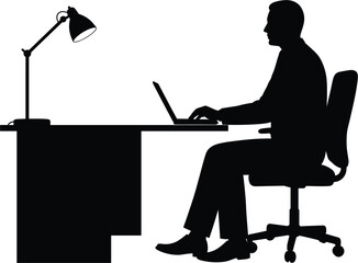 Silhouette of man working at desk with laptop and lamp, man, silhouette, working, desk, laptop, computer, lamp, office, businessman, sitting, chair, typing, business, technology, professional, executi