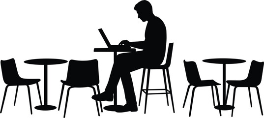 Silhouette of man working on laptop at cafe tables, man, silhouette, laptop, cafe, tables, chairs, working, remote, freelance, coffee, shop, outdoor, seating, casual, lifestyle, technology, computer, 