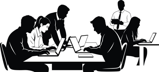 Silhouette of people working together in an office with laptops, silhouette, people, group, team, office, workers, employees, collaboration, meeting, business, technology, laptops, computers, working,