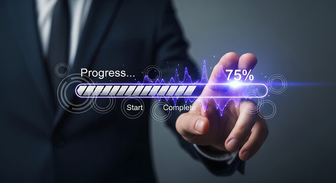 Progress Bar Loading Status Business Man Hand Touching Virtual Interface Copy Space