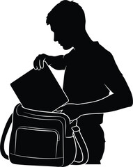 Silhouette of person putting laptop into bag student, silhouette, person, man, student, putting, laptop, computer, bag, backpack, messenger, shoulder, strap, opening, closing, packing, unpacking, prep