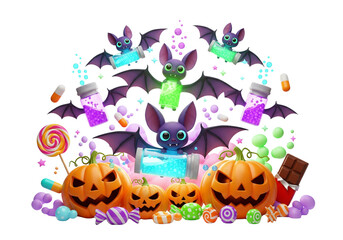 Fototapeta premium Whimsical Halloween Scene: Cute Bats, Jack-o'-Lanterns, Magical Potions & Candy. Festive 3D Illustration for Spooky Fun, Isolated on White Background.