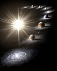 Celestial scene showcasing the sun and planets in their orbits against a dark space backdrop filled with stars