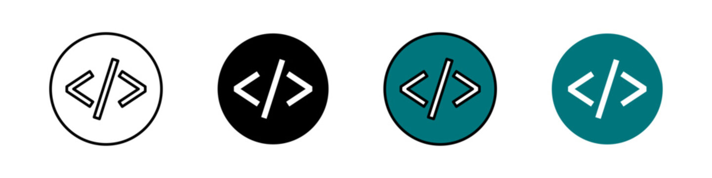 Code brackets icon in outline, solid, and color styles. Represents coding, programming, software, and development. Perfect for IT, web, or tech themes, isolated on white.