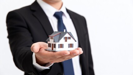 Man in suit holding house model