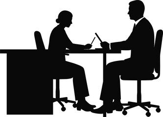 Silhouettes of man and woman at desk with laptops table, silhouette, man, woman, desk, table, office, meeting, interview, discussion, collaboration, business, work, technology, laptop, computer, writi