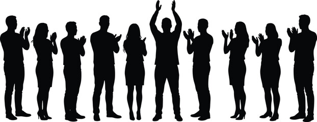Silhouettes of people clapping and one person with raised arms, clapping, applause, audience, crowd, people, silhouette, standing, celebration, success, approval, agreement, praise, recognition, event