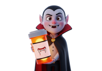 Friendly Cartoon Vampire Holding Humorous Blood Pill Bottle. Halloween, Health & Fantasy Illustration.