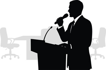 Speaker at podium with microphone in silhouette vector, speaker, podium, microphone, silhouette, man, suit, tie, speech, presentation, conference, lecture, public speaking, event, business, communicat