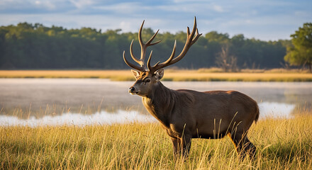 Obraz premium A majestic stag standing in a field of tall grass near a misty lake at golden hour light