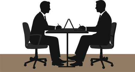 Two businessmen silhouettes in meeting with laptops, businessmen, silhouettes, meeting, table, laptops, computers, chairs, office, business, discussion, collaboration, teamwork, technology, profession