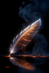 digital art photography of a phoenix feather floating and its reflection, see through feather, detailed feather, glowing light, fire burning around feather, dark background, intricate detailed
