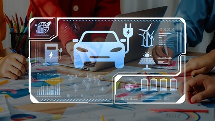 This image illustrates the integration of electric vehicle technology with sustainable energy...