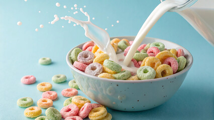 Colorful Breakfast Cereal with Milk Splash in Bowl