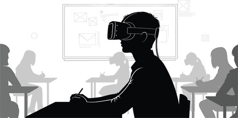 Student wearing virtual reality glasses for an immersive educational experience in a modern classroom. Illustration of digital learning and future technology, student, virtual, reality, education, tec