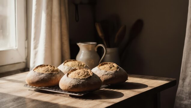 Artisan Sourdough Bread Loaves Cooling on a Wire Rack by a Window.